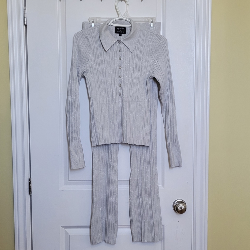 Madewell X Aimee Song pant suit shimmer silver pants top shirt stretchy matching